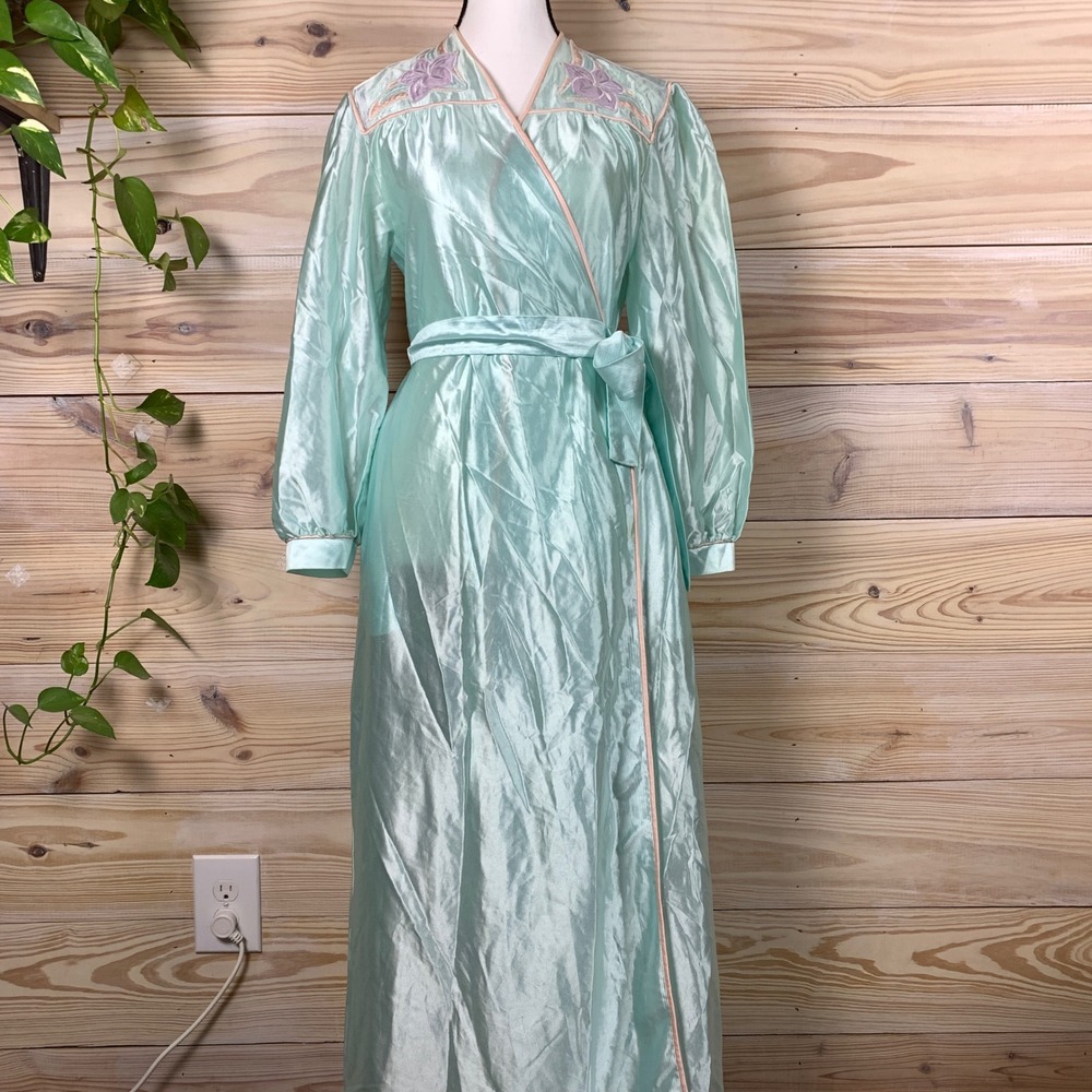 Vintage Lorraine Robe Women Small‎ Mint Floral Embroidered Wrap Long Lingerie